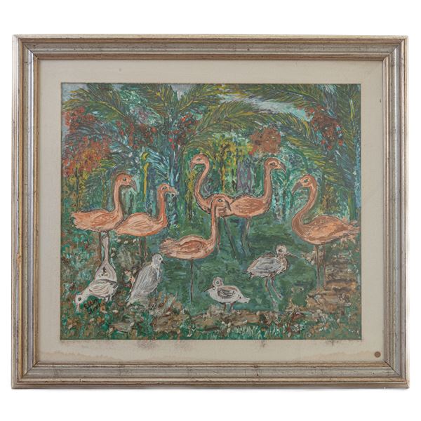 ELLEN STUART : Flamingos  - oil painting on canvas - Auction Smart Auction: furniture, paintings, sculptures, silver and more at affordable prices - Bertolami Fine Art - Casa d'Aste