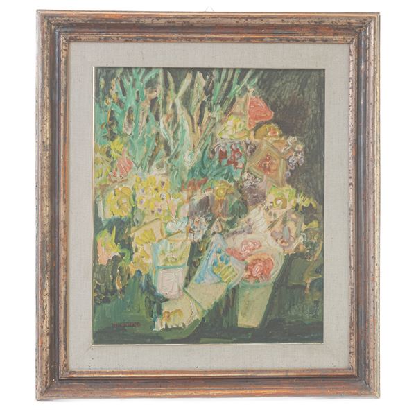 AMEDEO RUGGIERO : Flowers on display  - oil painting on canvas - Auction Smart Auction: furniture, paintings, sculptures, silver and more at affordable prices - Bertolami Fine Art - Casa d'Aste