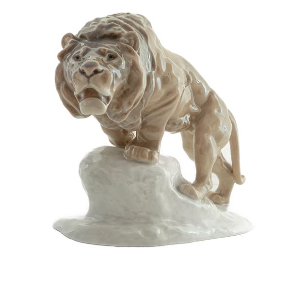 Lion, polychrome porcelain sculpture,