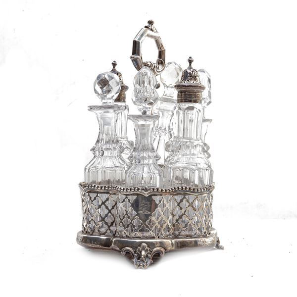 Silver vinegar bottle with six crystal bottles