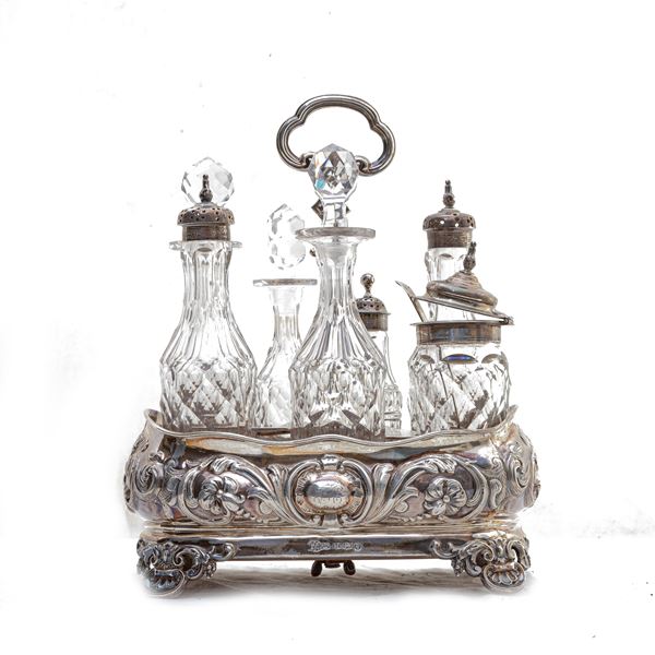 Silver vinegar bottle with seven crystal bottles