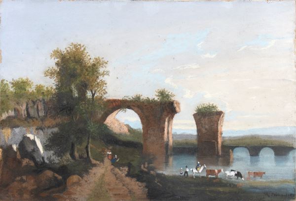 Artista francese, seconda met&#224; XIX secolo - View of the Augustus Bridge in Narni