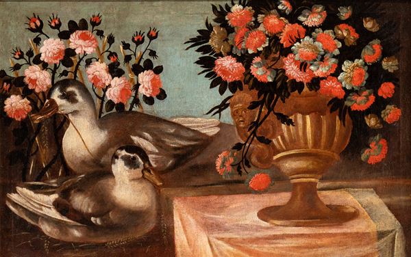 Artista centro-italiano, XVIII secolo - Still life of flowers with two ducks