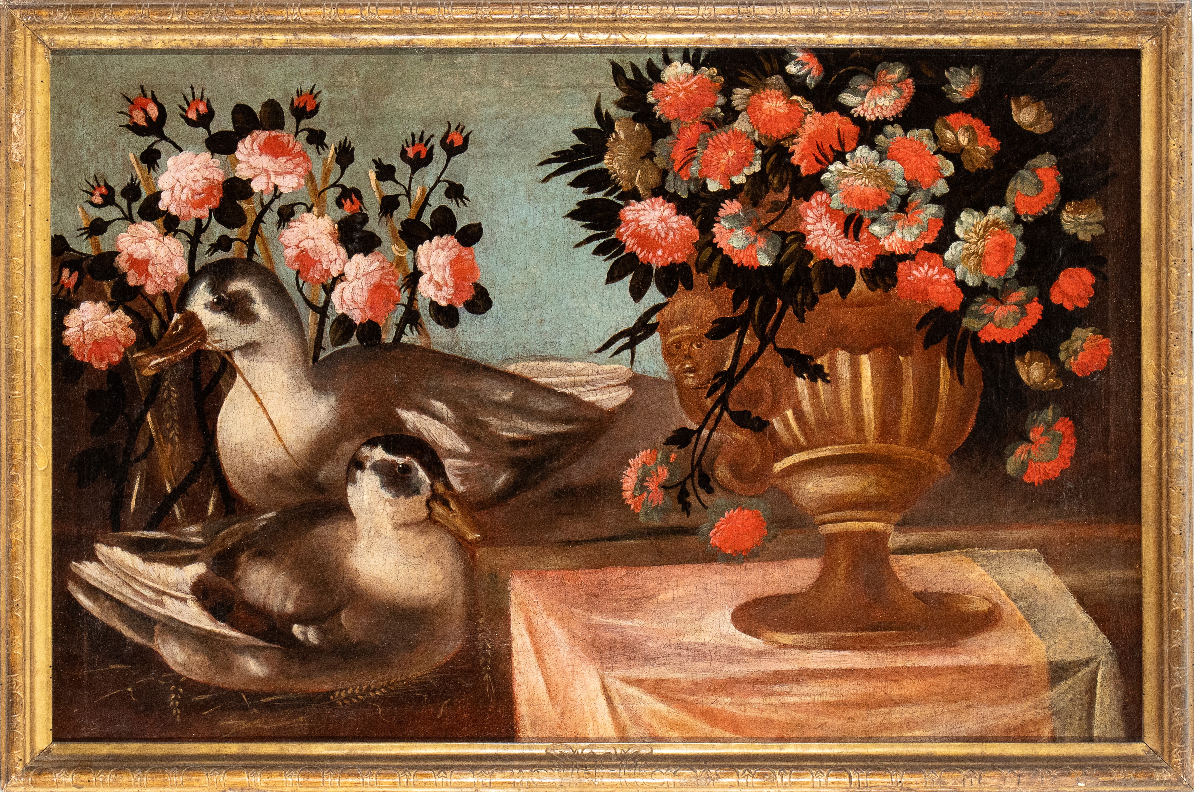 Artista Centro-italiano, XVIII Secolo - Natura Morta di Fiori con Due Papere
