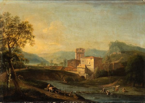 Artista attivo a Roma, XVIII secolo - Paesaggio con corso d'acqua, figure e borgo sullo sfondo