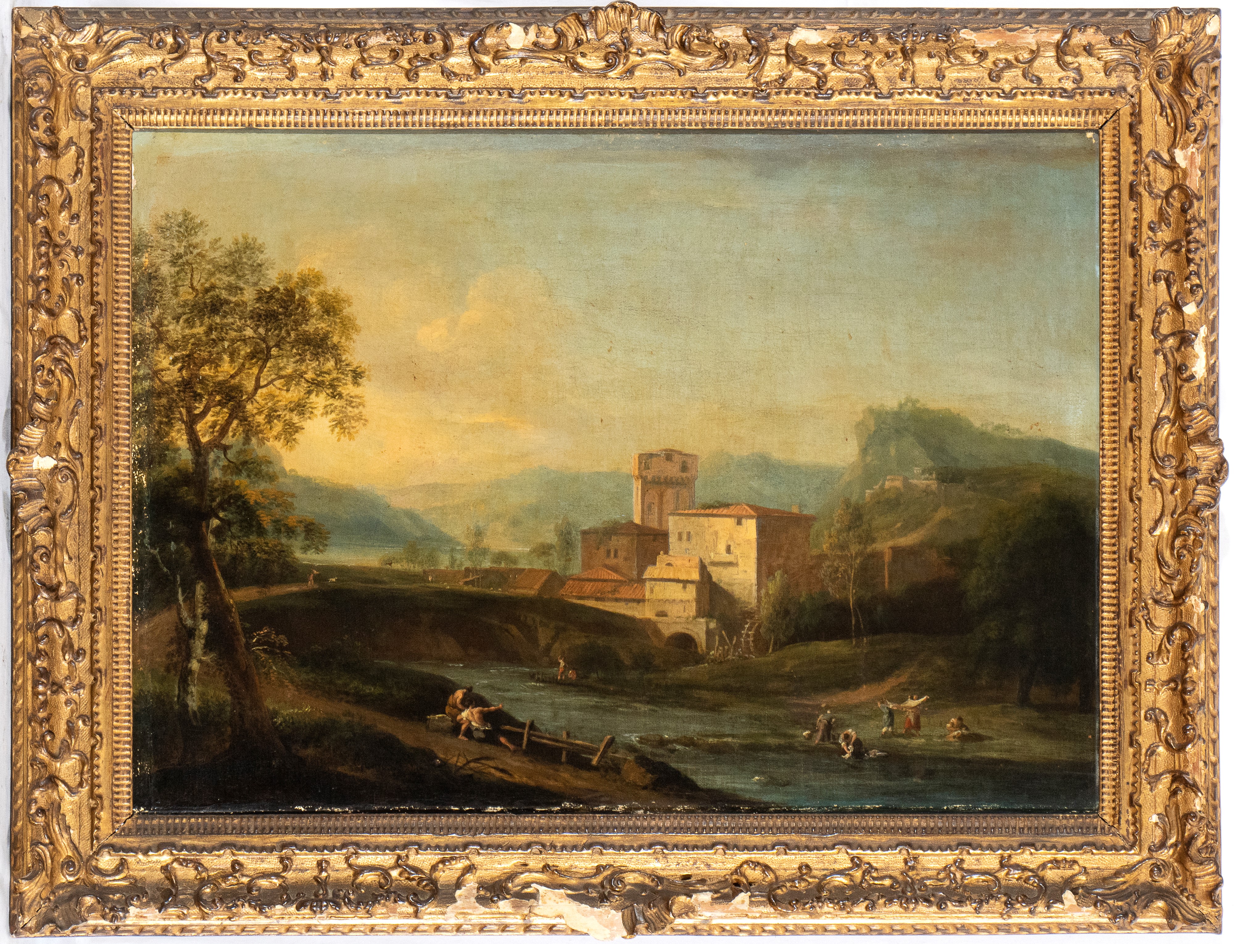 Artista Attivo a Roma, XVIII Secolo - Paesaggio con Corso D'acqua, Figure e Borgo sullo Sfondo