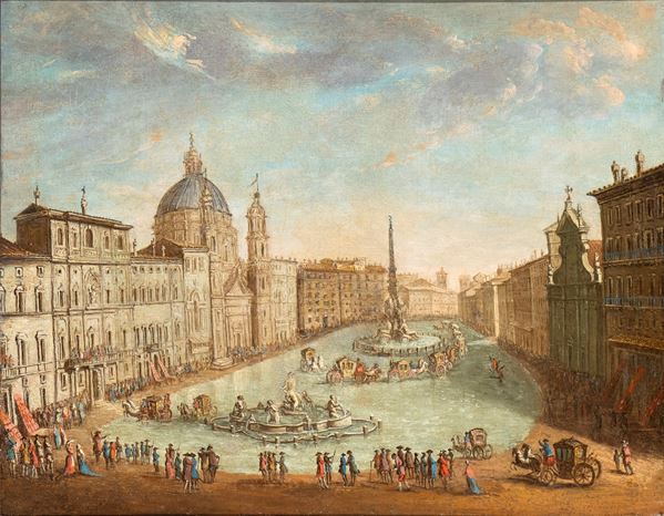 Artista attivo a Roma, XVIII secolo - View of flooded Piazza Navona with carriage ride