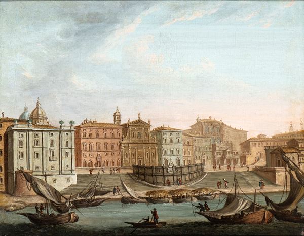 Artista attivo a Roma, XVIII secolo - Veduta del porto di Ripetta