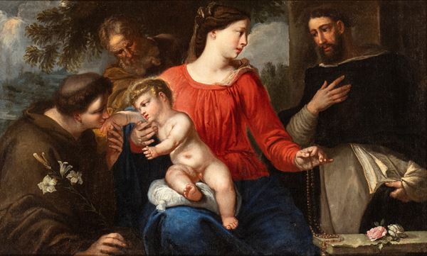 Artista veneto, XVII secolo - Sacra Famiglia con Sant'Antonio abate e San Domenico