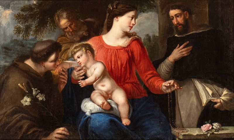 Artista Veneto, XVII Secolo - Sacra Famiglia con Sant'antonio Abate e San Domenico
