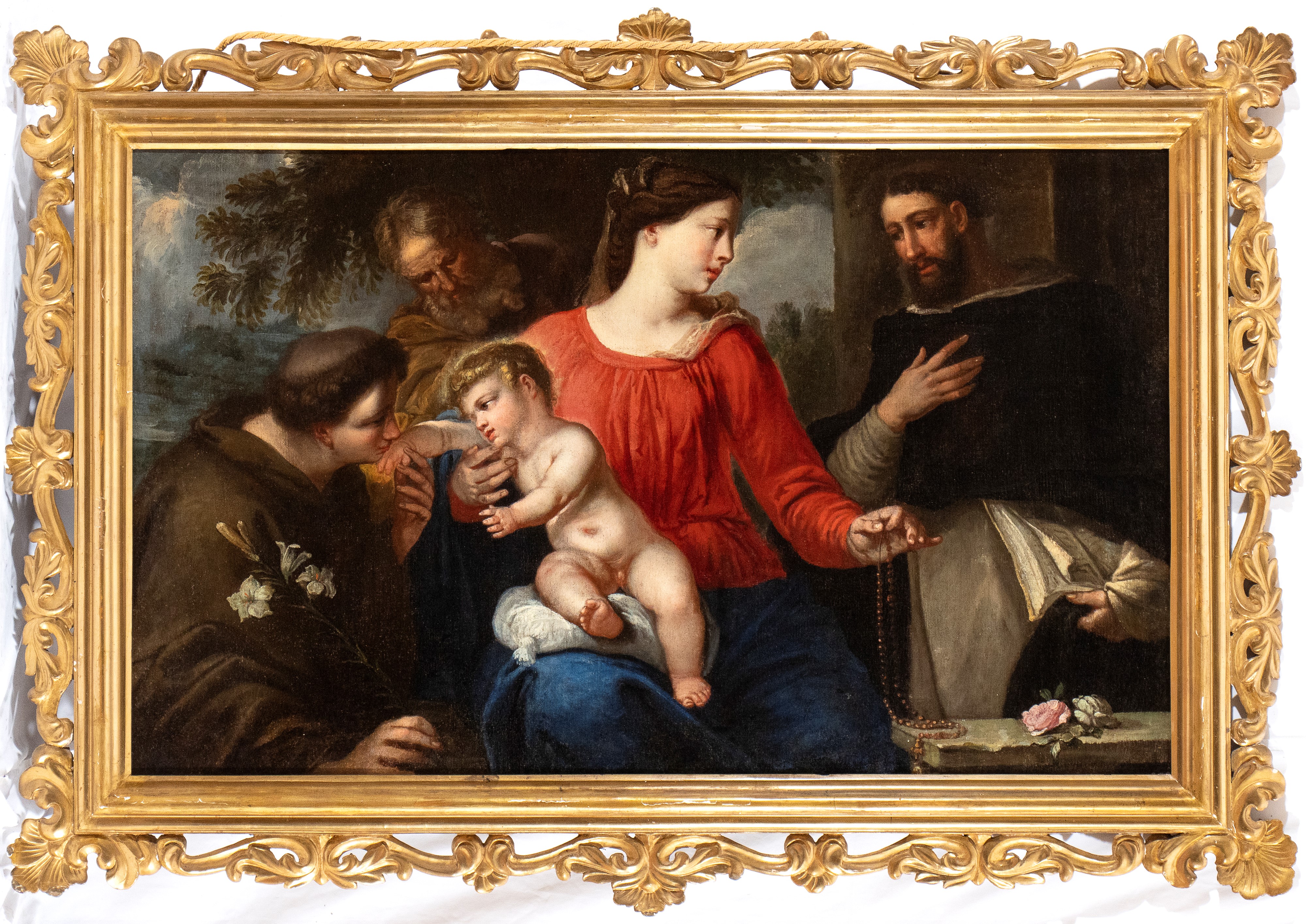 Artista Veneto, XVII Secolo - Sacra Famiglia con Sant'antonio Abate e San Domenico