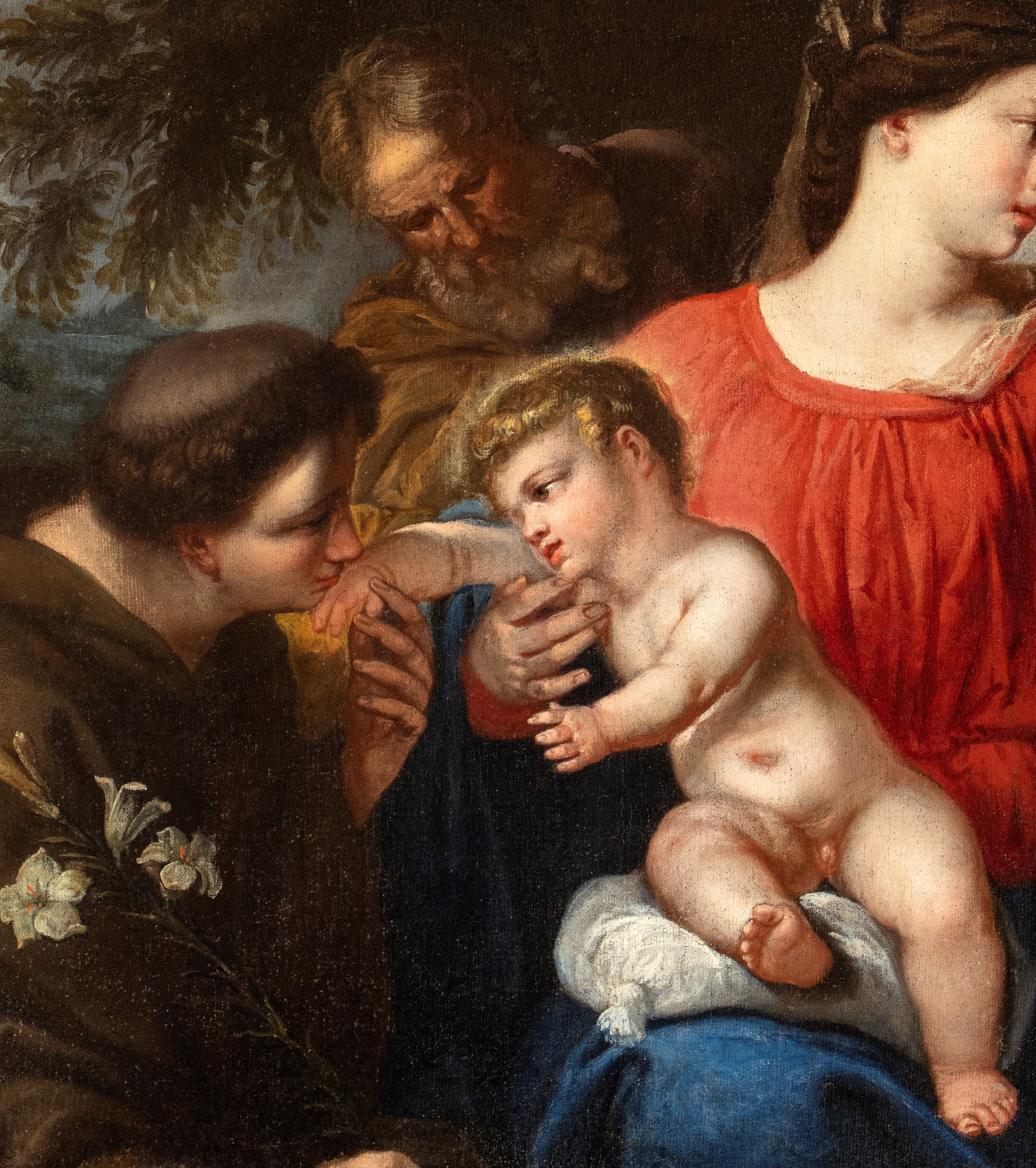 Artista Veneto, XVII Secolo - Sacra Famiglia con Sant'antonio Abate e San Domenico
