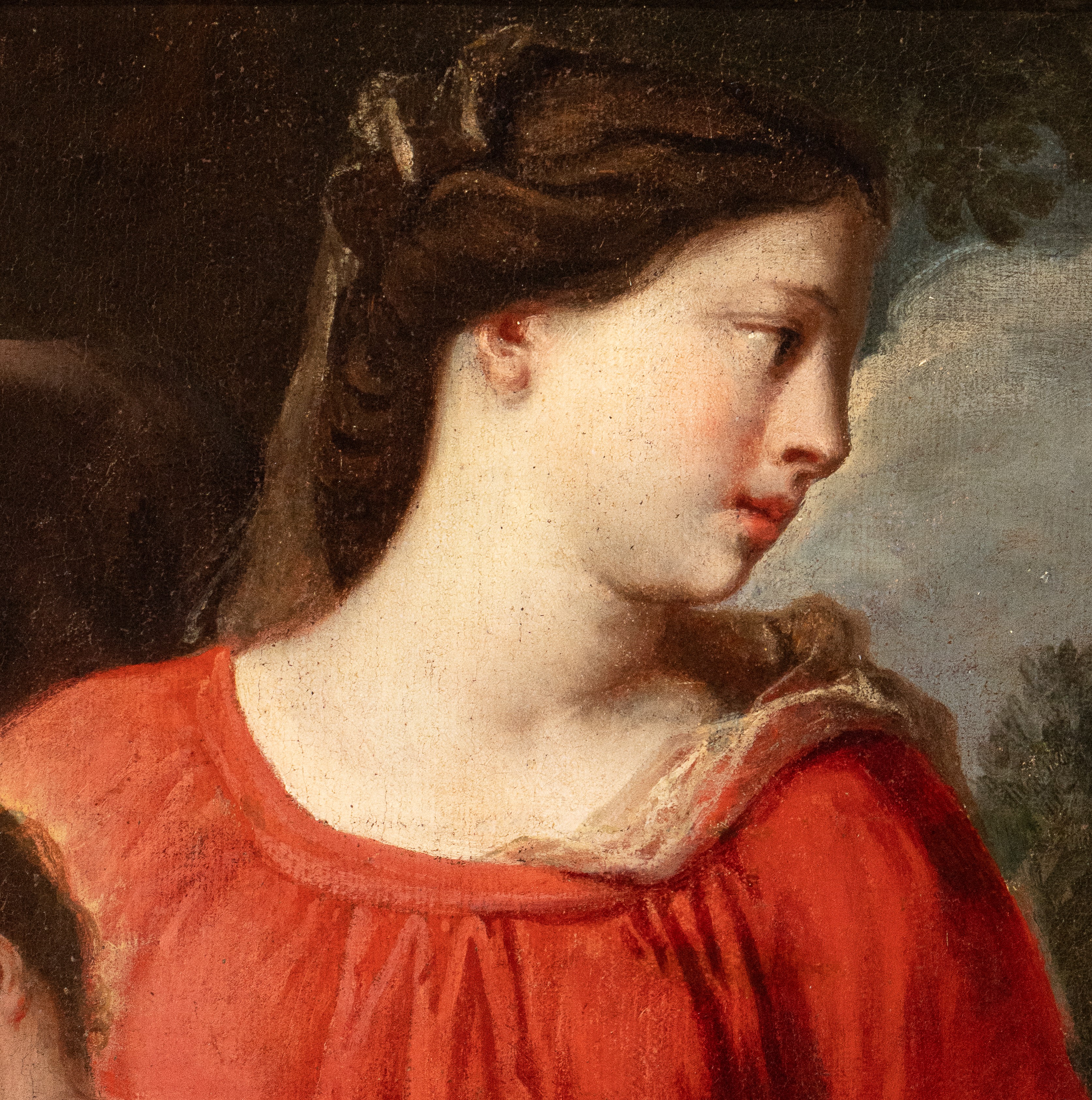 Artista Veneto, XVII Secolo - Sacra Famiglia con Sant'antonio Abate e San Domenico