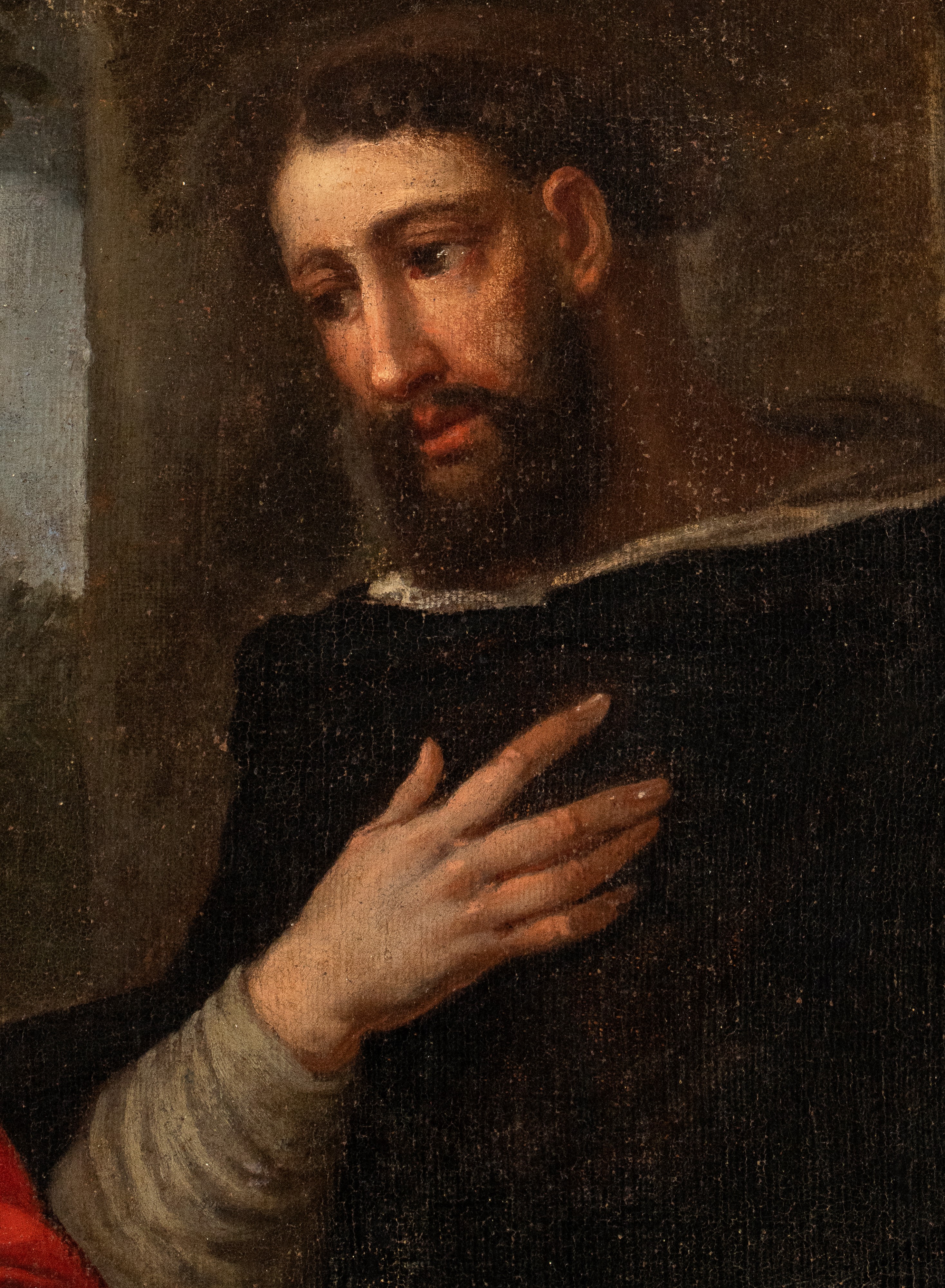 Artista Veneto, XVII Secolo - Sacra Famiglia con Sant'antonio Abate e San Domenico