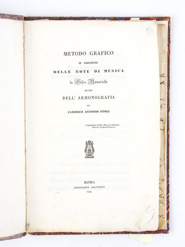 ANTONIO STOLI. METODO GRAFICO DI RIDUZIONE DELLE NOTE DI MUSICA IN CIFRE SIMMETRICHE AD USO DELL’ARMONOGRAFIA. Roma 1841