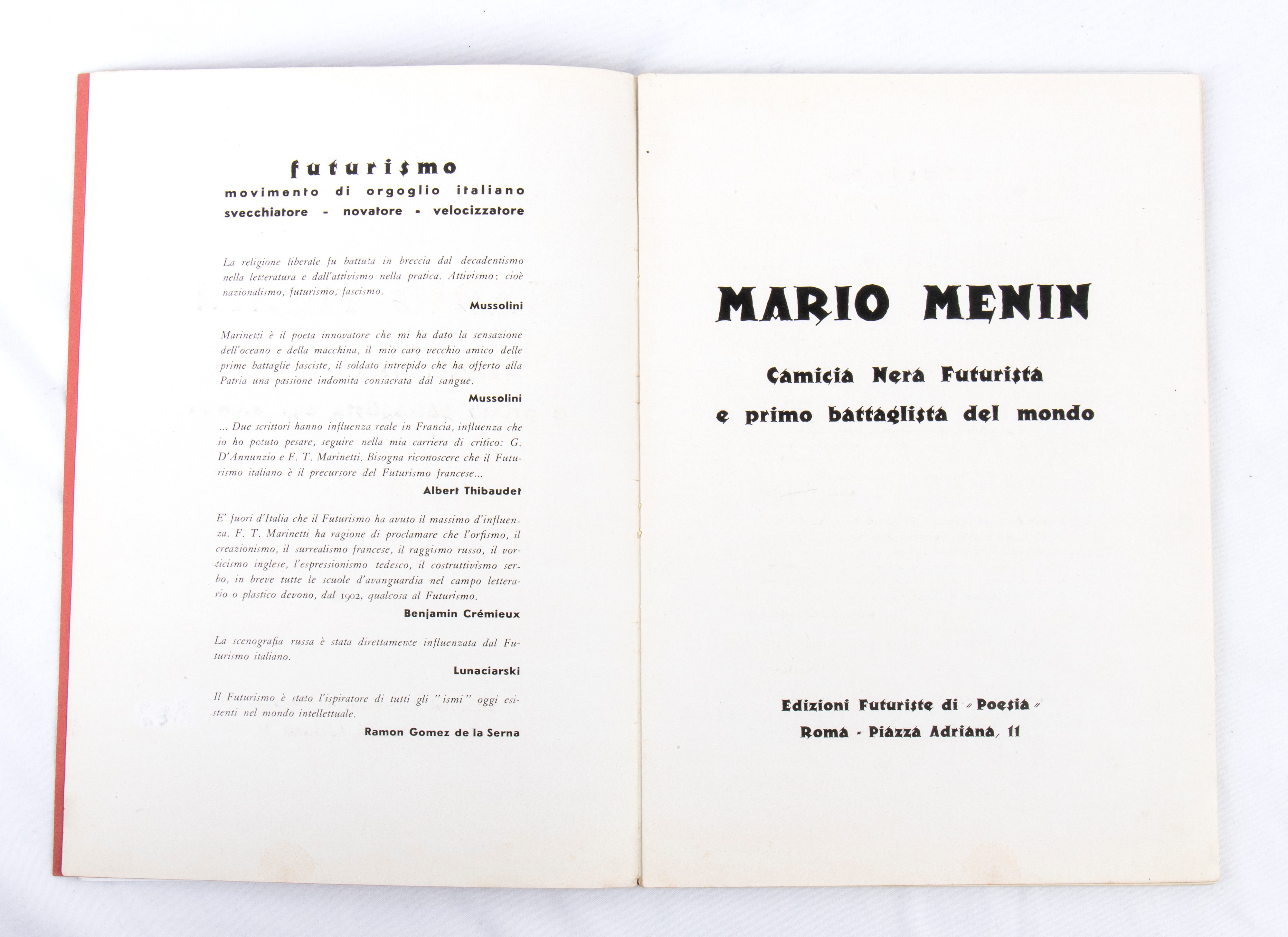 Futurismo - Marinetti, F.t., "mario Menin Camicia Nera Futurista"