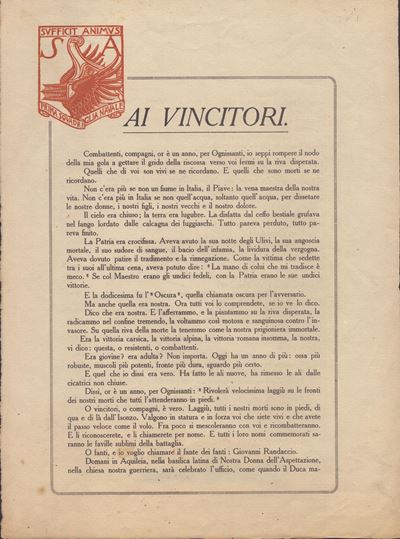 Dannunziana - Proclama "ai Vincitori... Ognissanti, 1918"