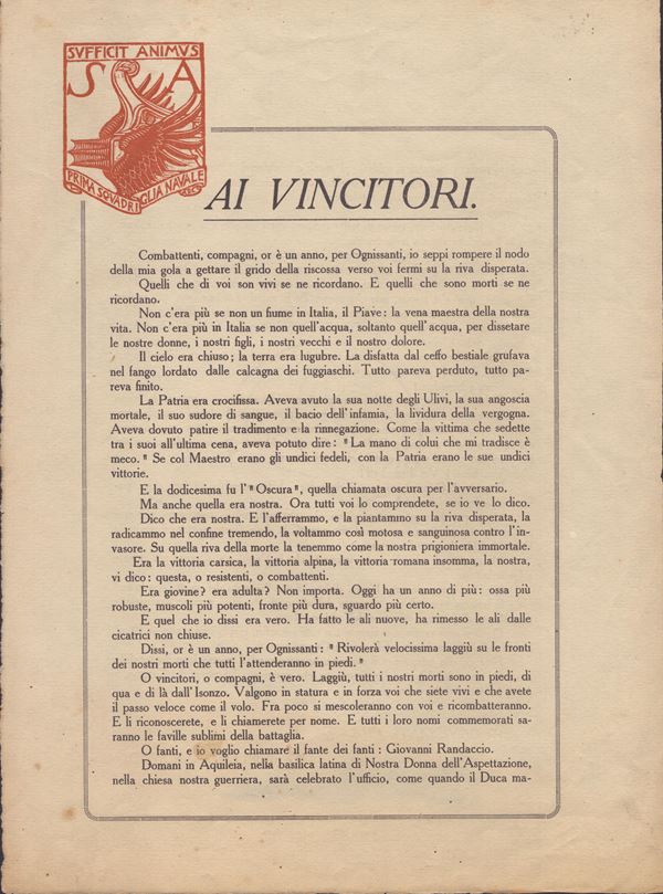 Dannunziana - proclama "Ai vincitori... Ognissanti, 1918"