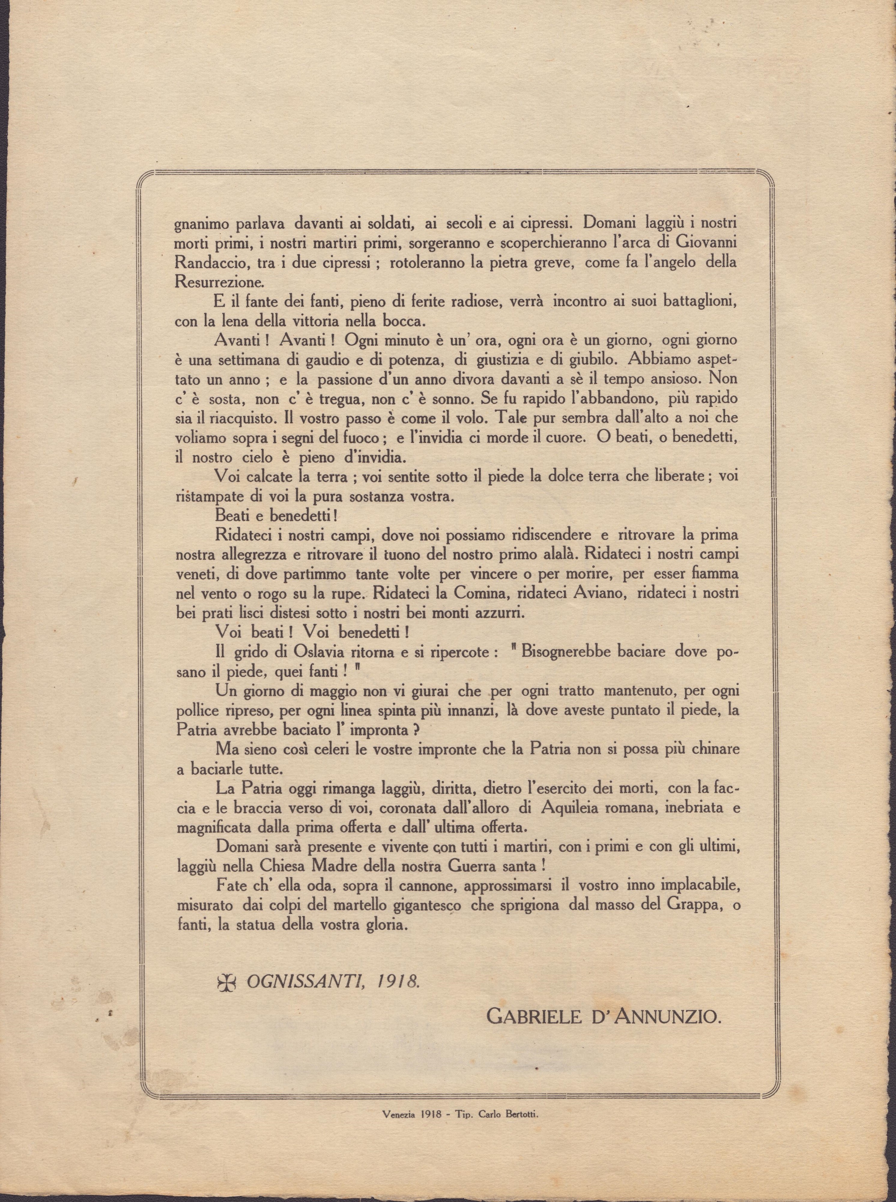 Dannunziana - Proclama "ai Vincitori... Ognissanti, 1918"