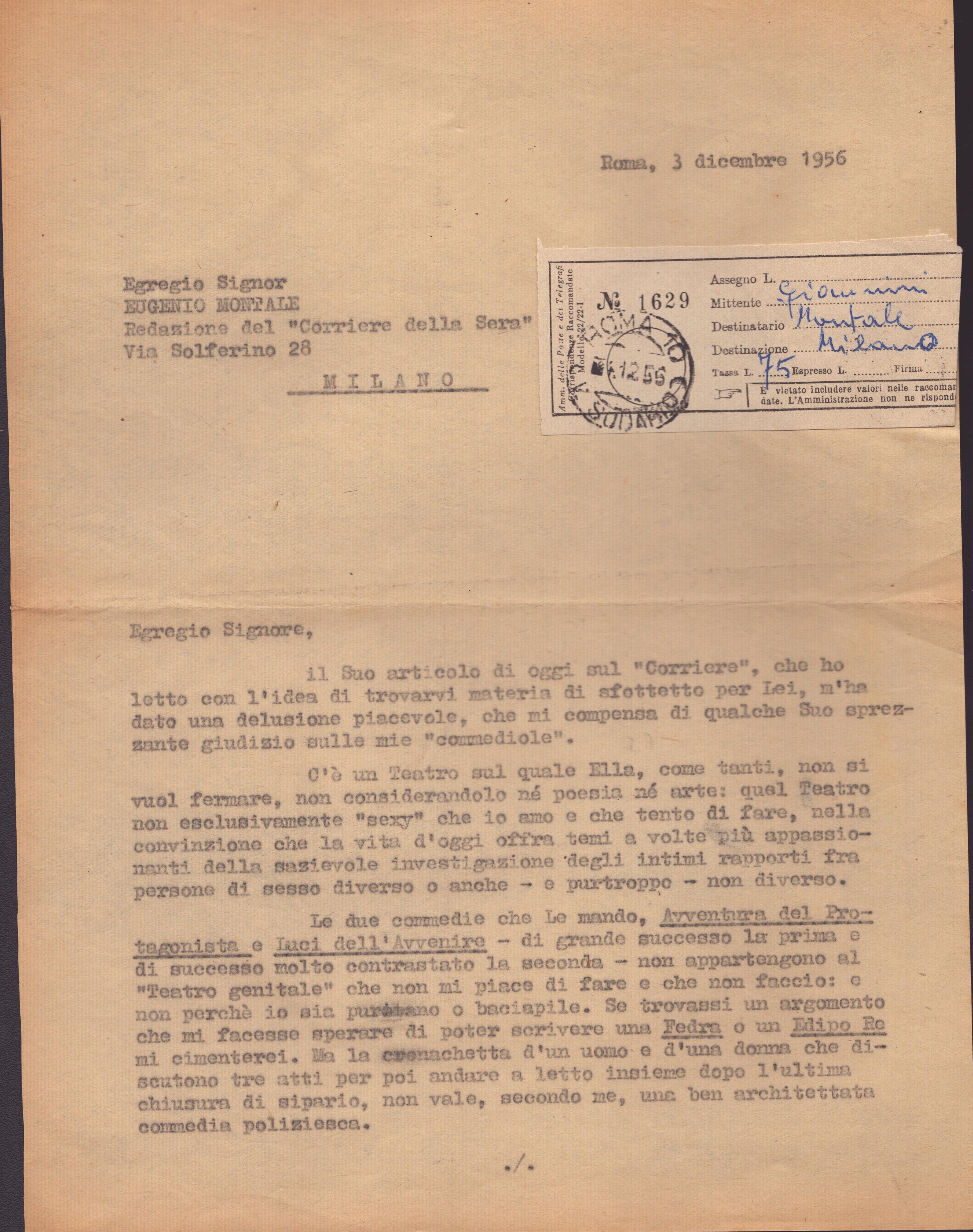 Montale, Eugenio (genova 1896 - Milano 1981) Guglielmo Giannini (pozzuoli 1891 - Roma 1960) : Let...