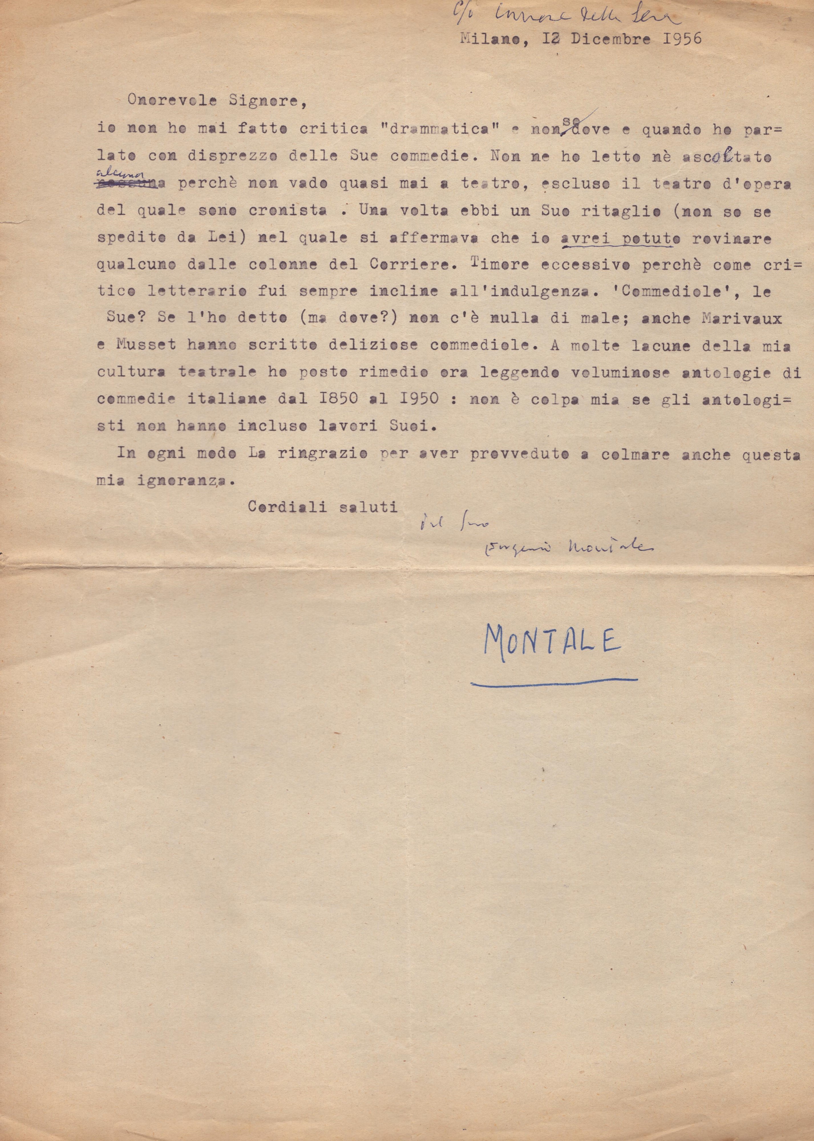 Montale, Eugenio (genova 1896 - Milano 1981) Guglielmo Giannini (pozzuoli 1891 - Roma 1960) : Let...