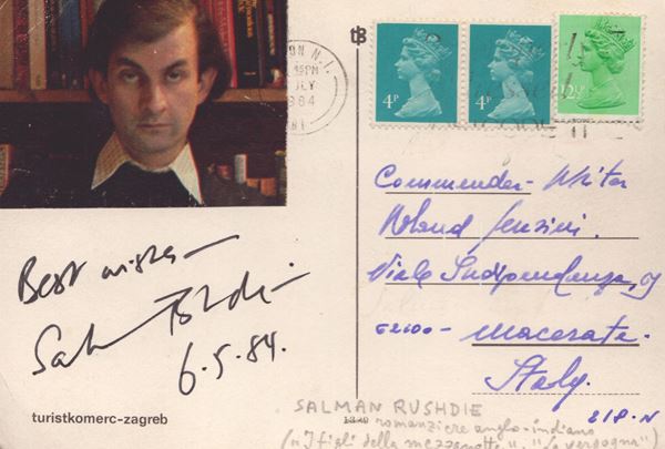 Salman Rushdie autographed postcard