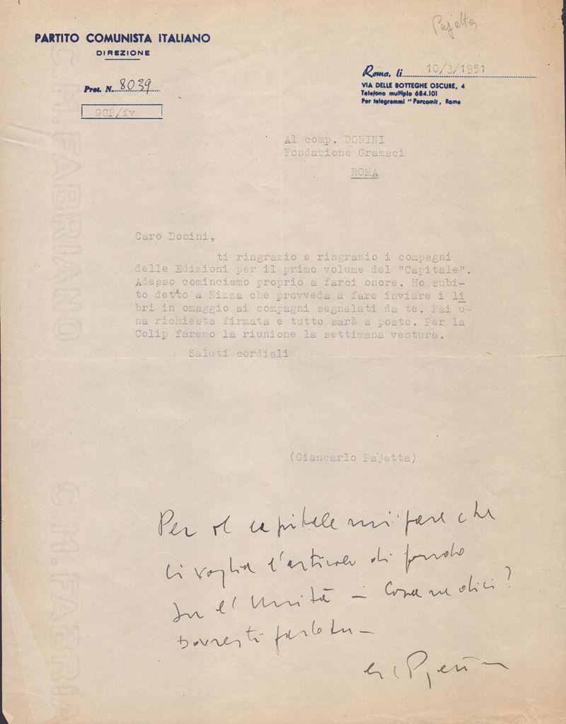 Pajetta, Giancarlo o Gian Carlo (torino 1911 - Roma 1990) Politico e Partigiano Italiano : Letter...