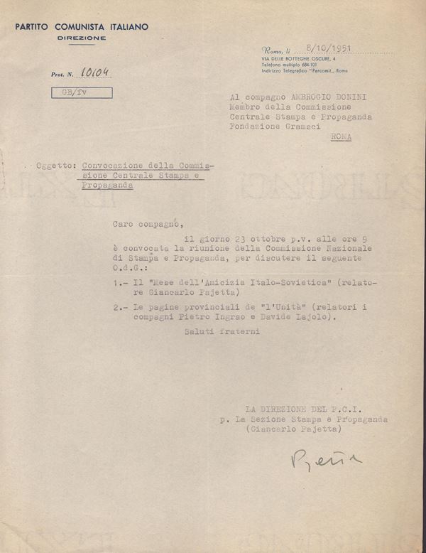 Pajetta, Giancarlo o Gian Carlo  (Torino 1911 - Roma 1990)        Politico e Partigiano Italiano :  Lettera dattoloscirtta firmata