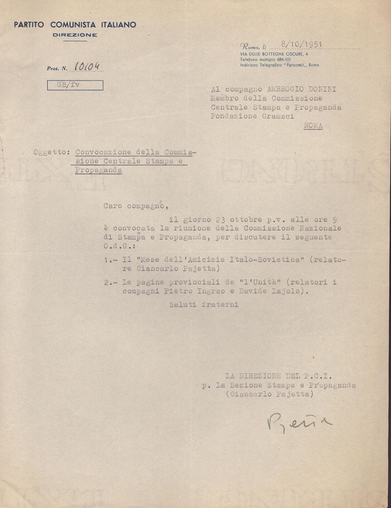 Pajetta, Giancarlo o Gian Carlo (torino 1911 - Roma 1990) Politico e Partigiano Italiano : Letter...