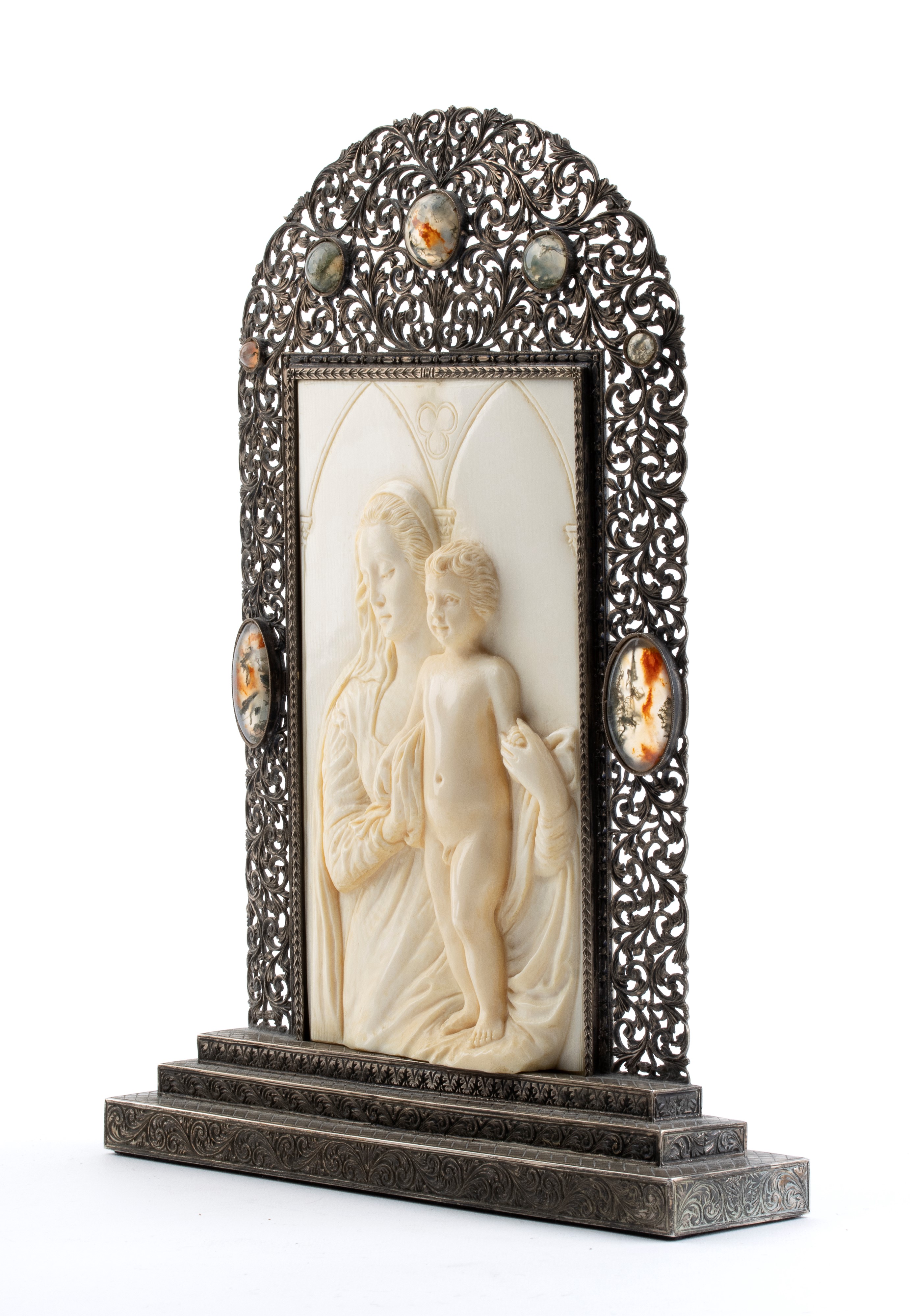 Ronchi Milano - Scultura in Avorio di Elefante Raffigurante Madonna con Bambino con Cornice Argen...