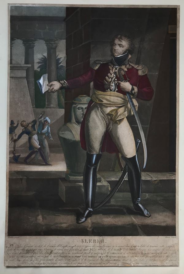 Martinet, Pierre (1781-1815) and Charon, Louis François (1783-1831) - Portrait of French Général Kleber • Commander of Napoleon's Egyptian Campaigns • Assassination in background Hand colored aquatint etching - Names of painter and engraver on plate - Circa 1814