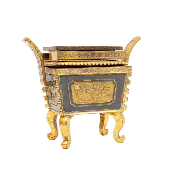 A PARTIALLY GILT AND LACQUERED BRONZE CENSER