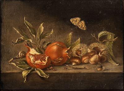 Natura Morta con Castagne, Melograni e Farfalla