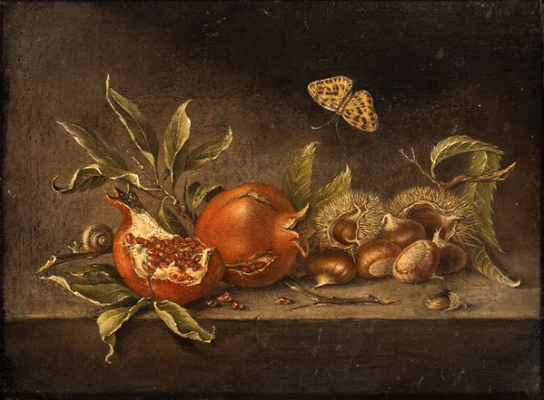 Artista attivo a Roma, XVII secolo - Natura morta con castagne, melograni e farfalla