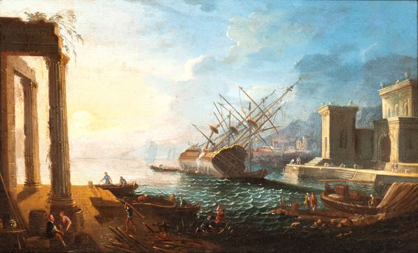 Charles Leopold  Grevenbroeck - Veduta portuale con figure, ruderi e un veliero