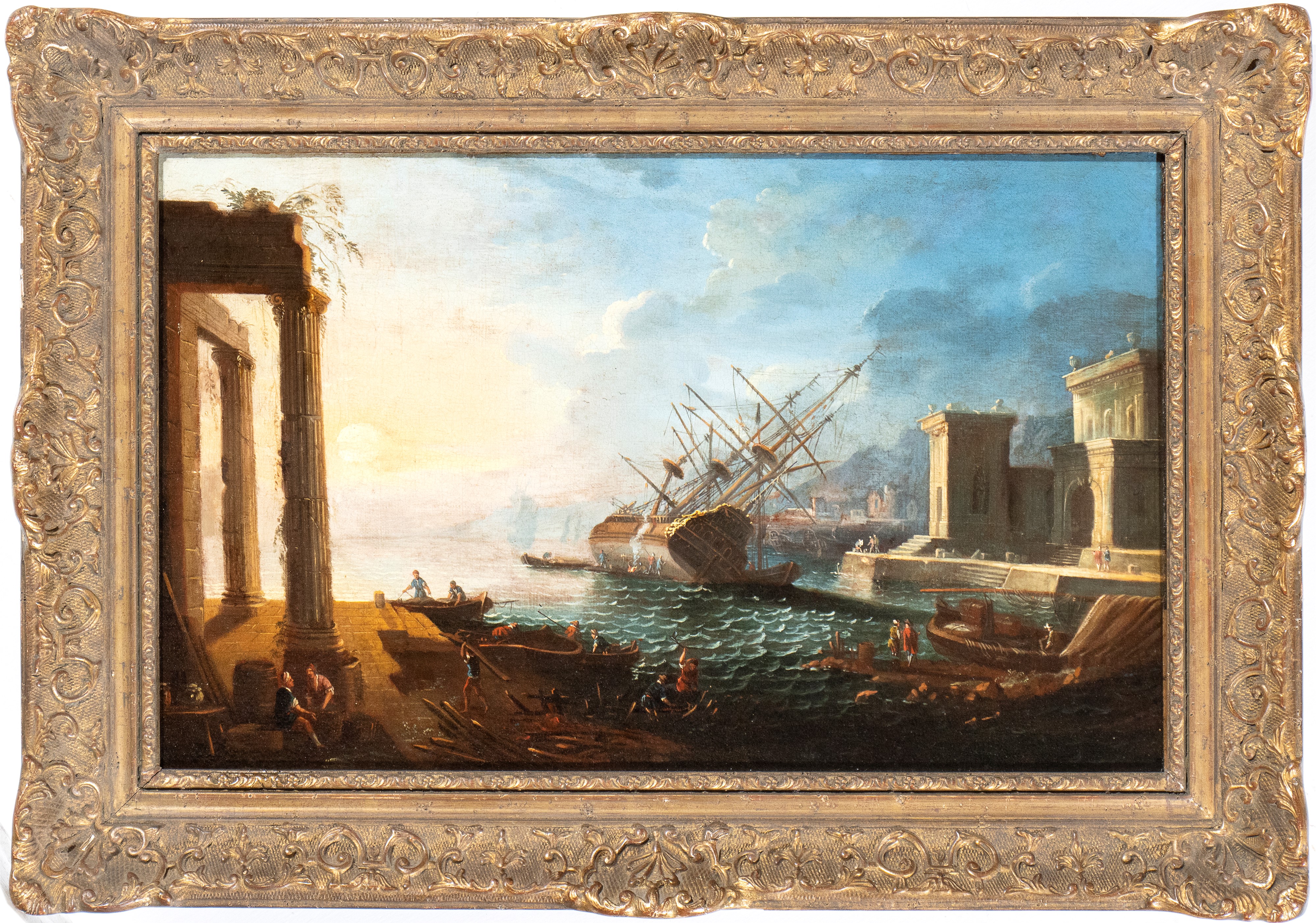 Charles Leopold Grevenbroeck - Veduta Portuale con Figure, Ruderi e un Veliero