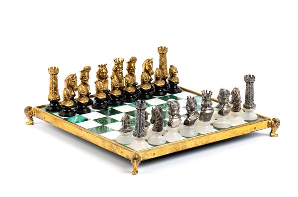 Silver, malachite and alabaster chessboard