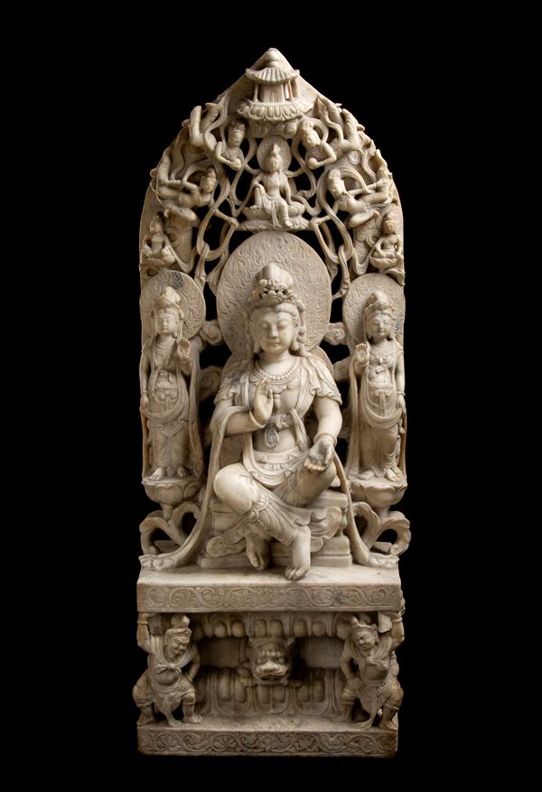 A LARGE WHITE MARBLE SCULPTURE WITH BUDDHA AND ATTENDANTS