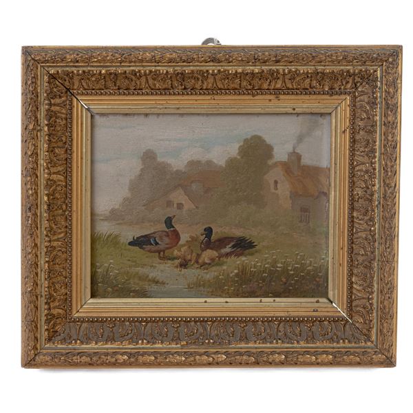 Scorcio di campagna con papere  (fine XIX secolo )  - dipinto ad olio su tavola - Asta Smart Auction: arredi, dipinti, sculture, argenti e altro a prezzi vantaggiosi - Bertolami Fine Art - Casa d'Aste