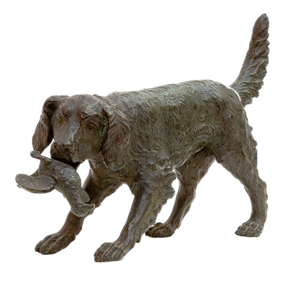 Hunting dog with prey, bronze sculpture