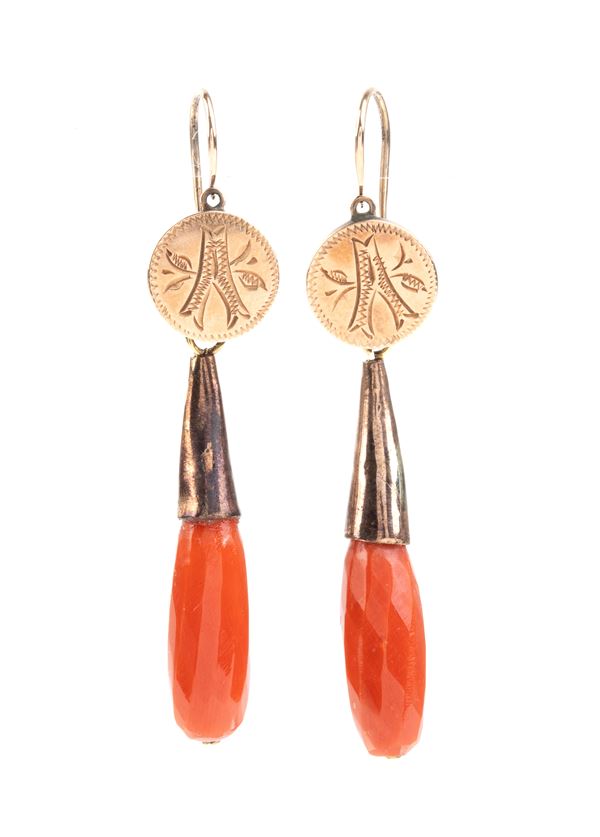 Mediterranean coral drop gold earrings 
