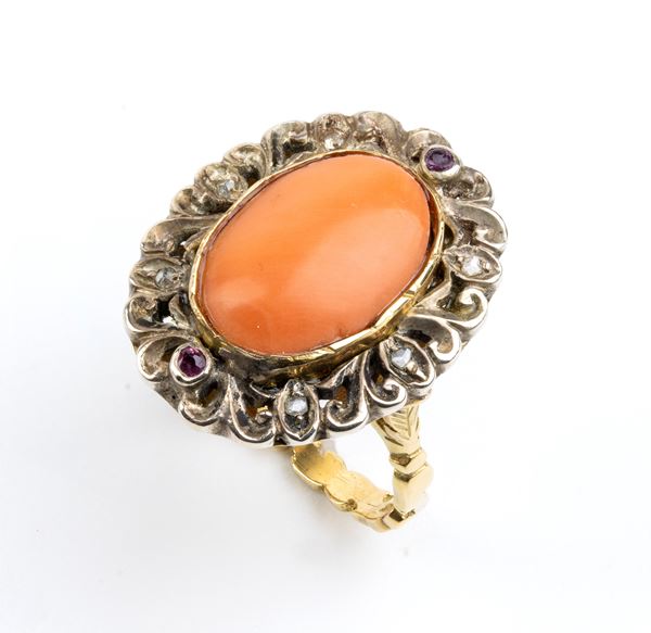 Mediterranean coral gold and silver ring 