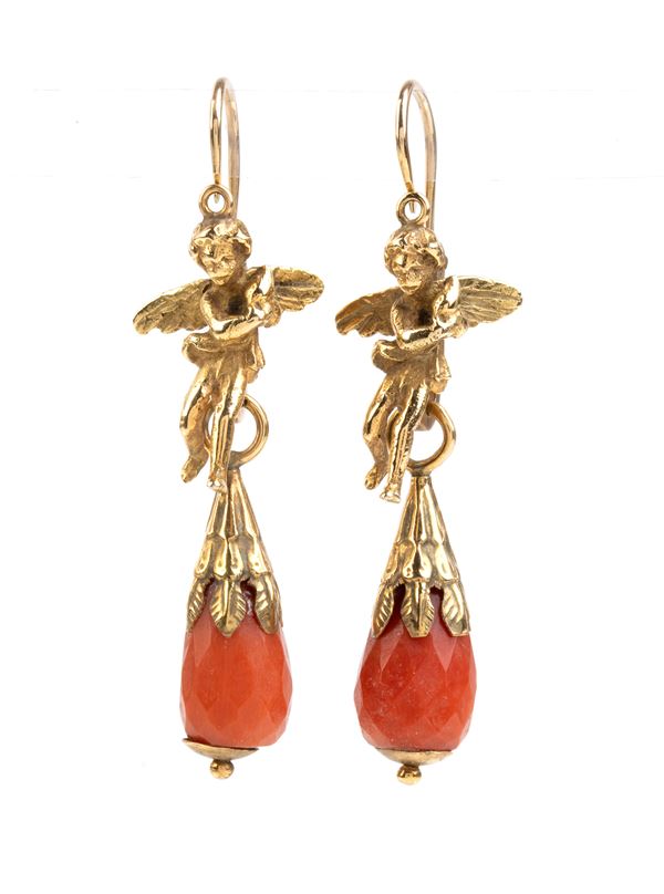 Maestranze di Torre del Greco - Mediterranean coral gold drop earrings 