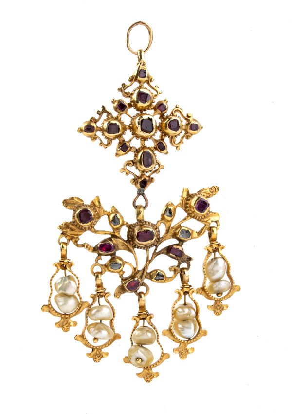Oreficeria siciliana - Gold pendant with precious stones and pearls