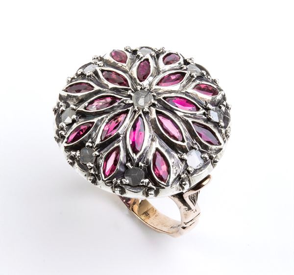 Diamond ruby gold silver ring 