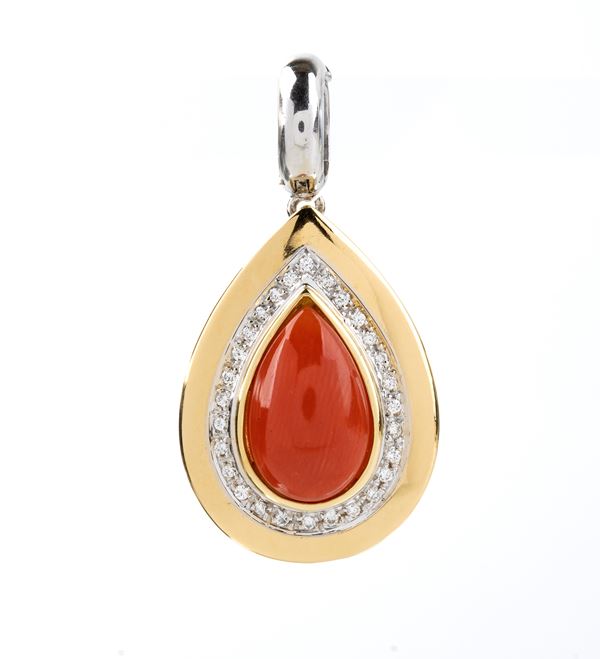Mediterranean coral diamond gold pendant 