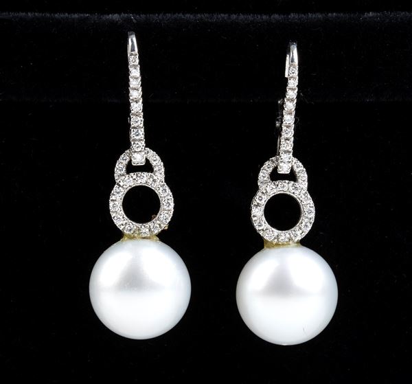 Australian pearl diamond drop gold earrings   