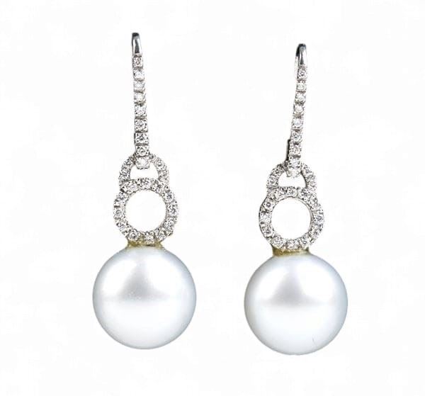 Australian pearl diamond drop gold earrings   