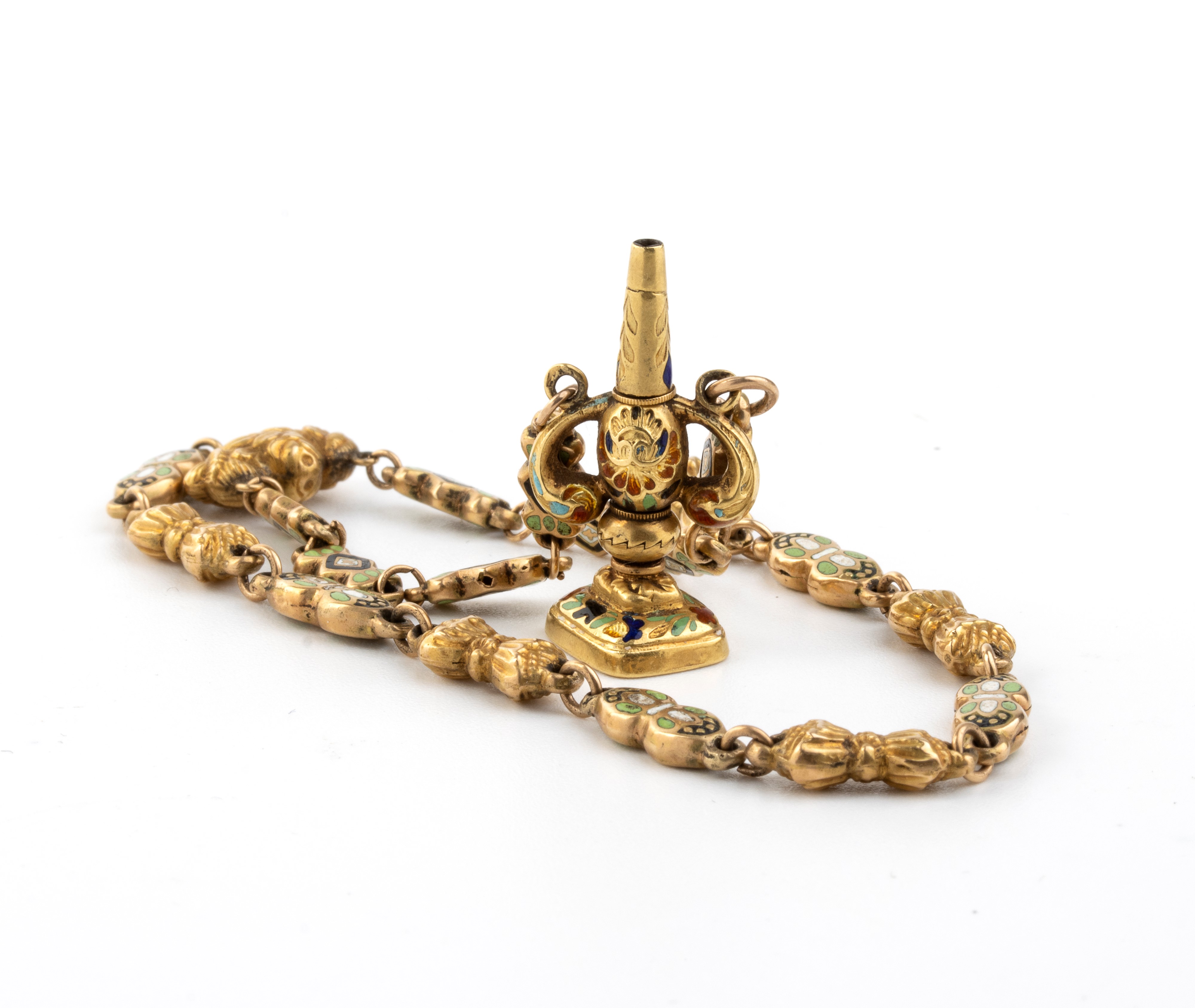 Catena da orologio con sigillo in oro e smalto