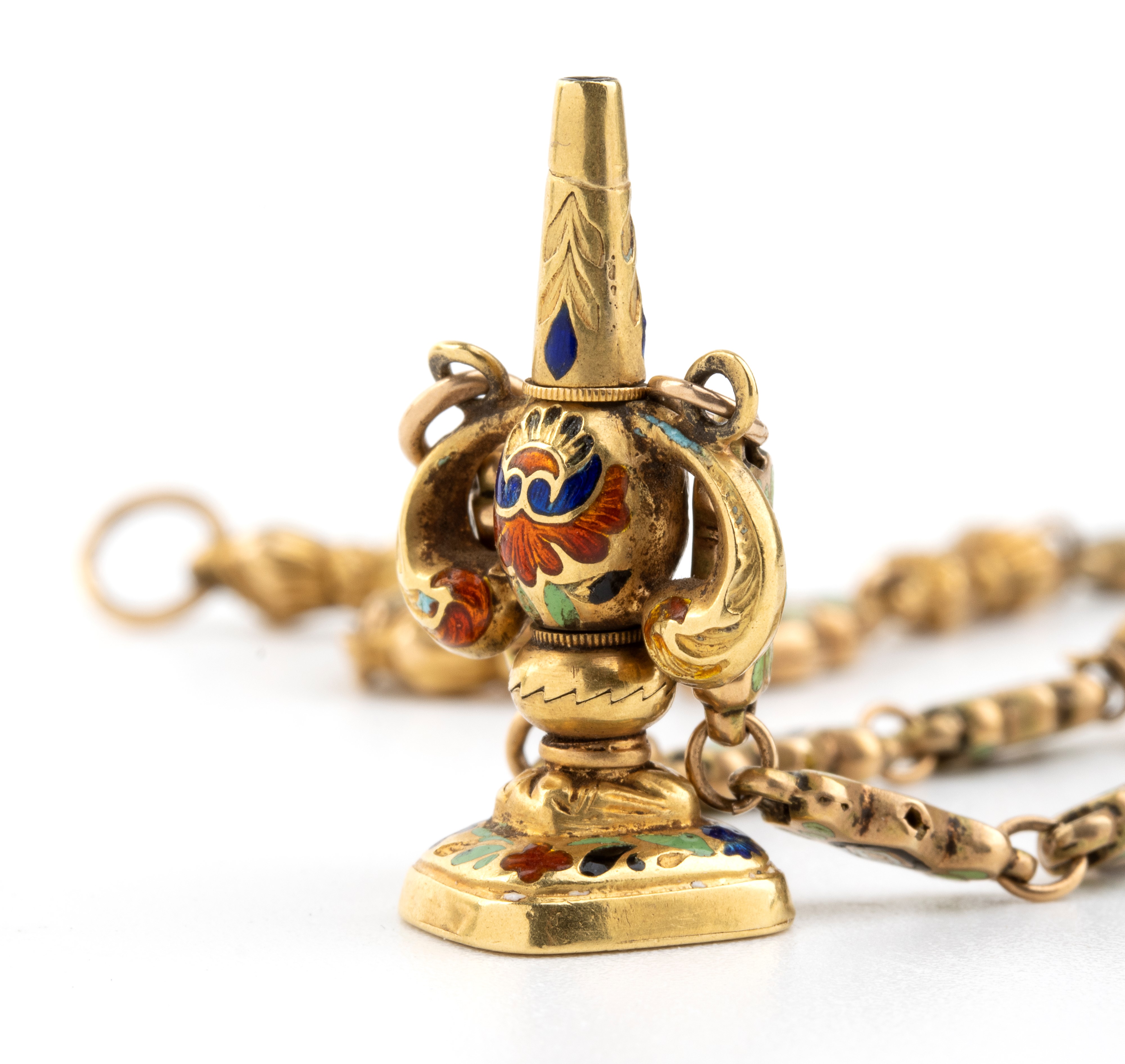 Catena da orologio con sigillo in oro e smalto